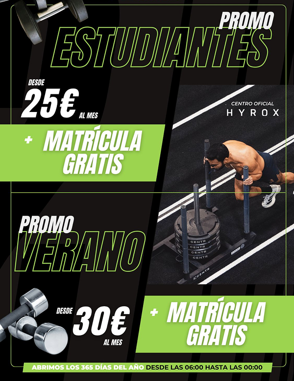 Promoción estudiantes por 25€ al mes + matricula gratis. Promoción verano por 30€ al mes + matricula gratis.